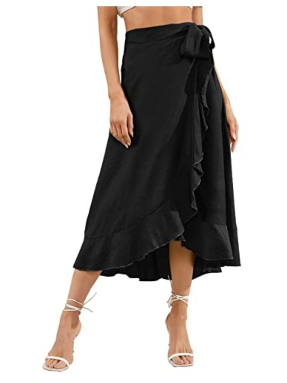 Flowy Wrap Long Maxi Skirt with Tie Waist Ruffle Hem